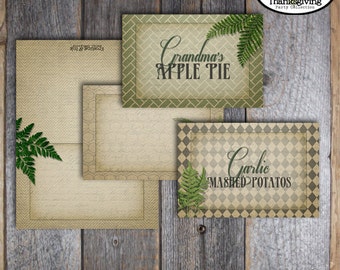 Thanksgiving Printable Food Tents - Food Labels - Botanical - Fern Leaf - Thanksgiving Printable Name Cards