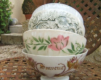 Set 4 antique old Petit DEJEUNER Café au Lait BOWL Pink Flowers and "SOUVENIR"