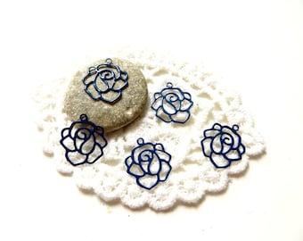 4 filigree 14x15mm Midnight Blue Camellia flower charms