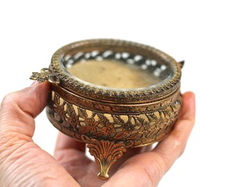 Matson Vintage Ormolu Gold Filigree Jewelry Box, Beveled Glass Vitrine Jewelry Casket, Trinket Box, Antique Victorian Bronze Jewelry Box