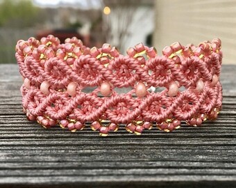 SALE Micro-Macrame Beaded Cuff Bracelet - Rose Pink