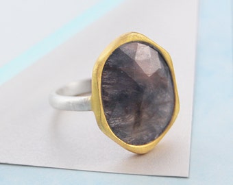Sapphire Ring, Somkey Sapphire, Gold Ring, Statement Ring, Natural Ring, Gold and Silver Ring, Sapphire, Mixed Metals, Large Stone Ring