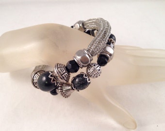 Antique Silver Viking Knit Bracelet with Black Accent Beads Wrap Bracelet Wraps Around Two Times and Fits all Sizes, One of a Kind