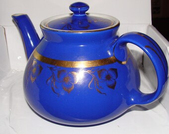 Teapot, Bold Blue Glazed Hall Teapot, 6 Cup, No. 036, Made in U.S.A., Gold Trim