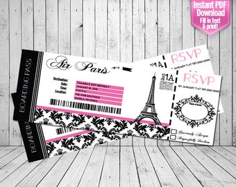 Paris Themed Party Invitation- Instant PDF Download, Edit and Print, Ticket Invitation