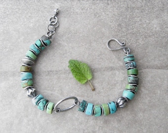 rustic turquoise bracelet, turquoise and silver bracelet, oxidized silver