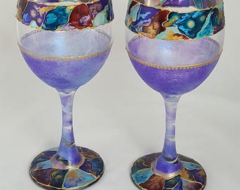 Hand Painted Wine Glasses-Gift for best friend-Custom Wine Glasses-Birthday gifts-gift for wife-Purple Swirl Wine Glasses-Mothers day gift