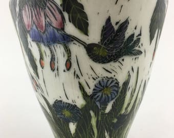 Small Butterfly and Hummingbird Sgraffito Vase