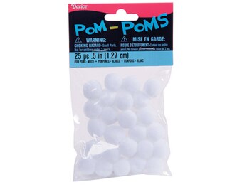 Pom Poms, White .5 in (1.27cm) 25 count