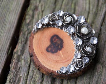 Handmade Salvage Wood & Floral Moon Shape Vintage Jewelry Faux Pearl Rhinestone Large Brooch Eco Friendly Boho Live Bark Edge OOAK Repurpose