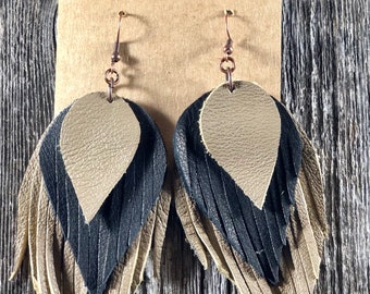Layered Beige and Black Leather Fringe Earrings