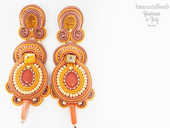 Soutache earrings, Summer Pink orange earrings, Dangle earrings, Soutache bijoux, statement earrings, orecchini soutache, made in Tuscany