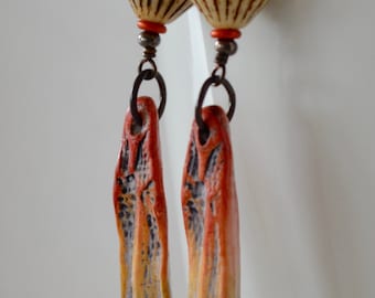 Spike Earrings, Colorful Earrings, Pod Earrings, Carved Clay Earrings, 3 Inch Earrings, Unusual Funky Jewelry, Orange Earrings
