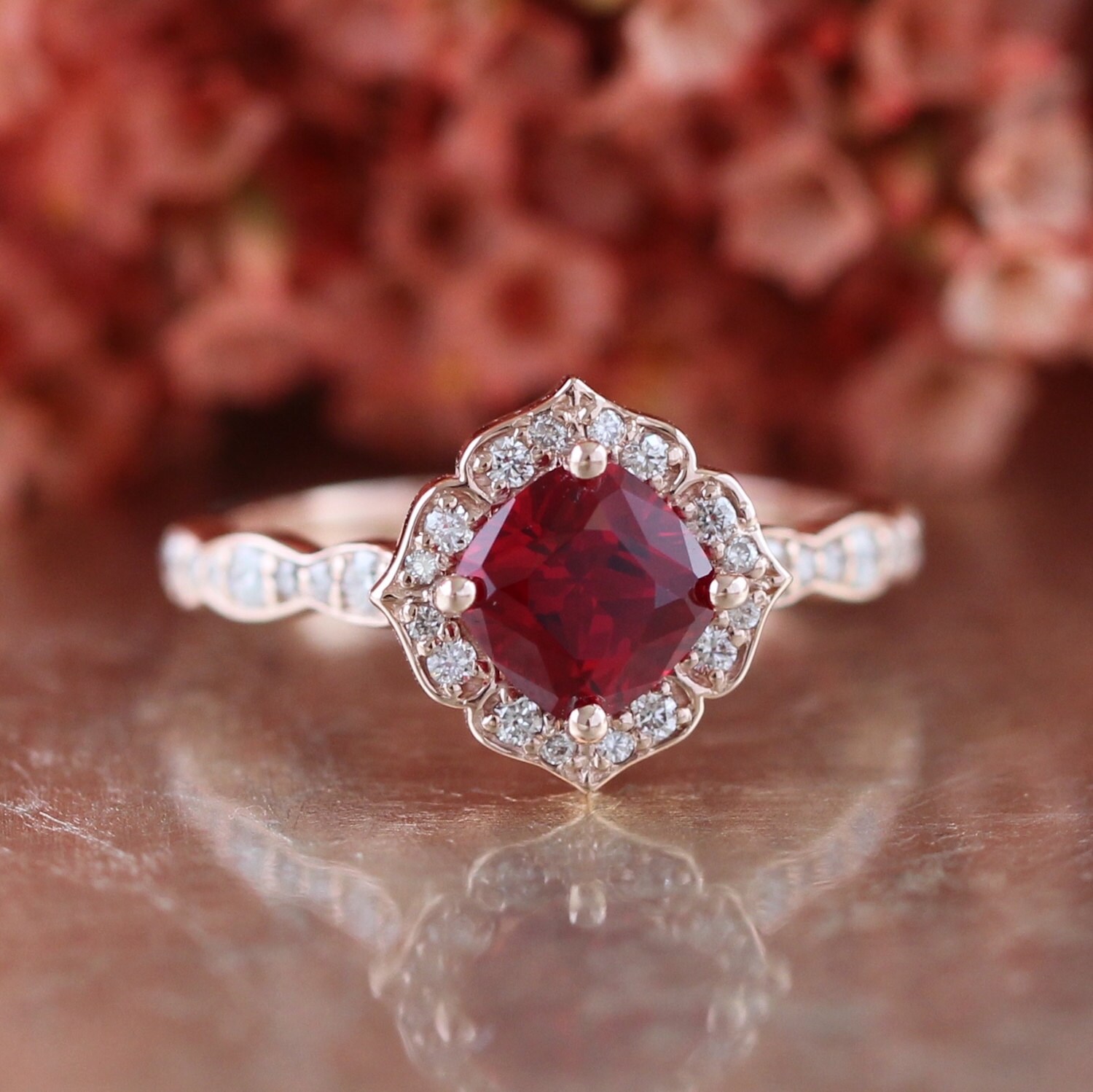 Vintage Floral Ruby Engagement Ring 14k Rose Gold Scalloped