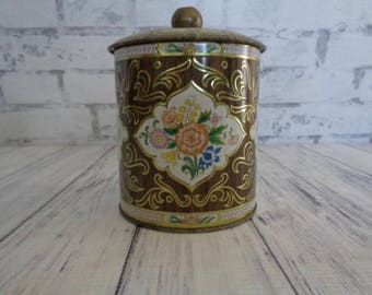 Vintage Daher Storage Tin, Lidded Metal Floral Biscuit Tin, Embossed Floral Tin, Gold Knob, Very Pretty, Made In England, Christmas Gift
