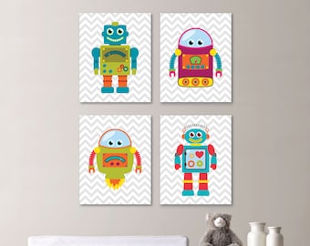Baby Boy Nursery Art Print - Chevron Robot Nursery Prints - Robot Nursery Prints Bedroom Art Nursery Decor - Robot Bathroom Art (NS-667)
