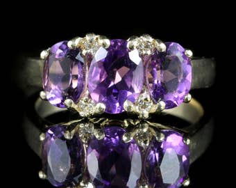 Amethyst and Diamond Trilogy Ring 9ct Gold
