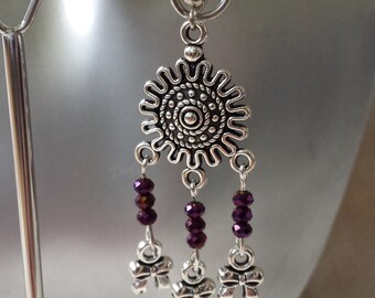 Earrings "connector flower and purple beads"