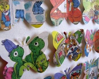 Sample Recycled Richard Scarry 3D Butterfly Art / 8X8 inches / Red, Blue, Green, Yellow / Made to Order