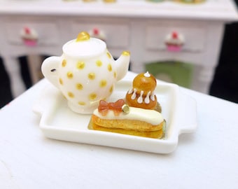 MTO-Tea Tray Set with French Pastries - Caramel - 12th Scale Miniature Food
