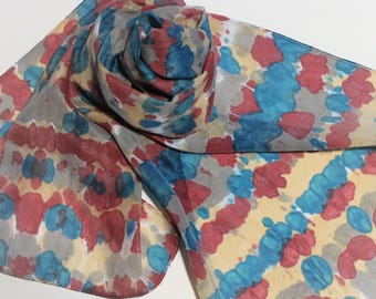 Hand Painted Silk Scarf - Handpainted Scarves Tie Dyed Teal Green Blue Turquoise Dark Red Gray Grey Silver Cream Tan Beige Dye