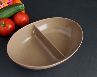 Vintage Melmac Brown Oval Divided Bowl Melamine Serving Dish Peas and Carrots