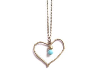 Heart Necklace, Short Boho Necklace, Minimalist Necklace, Bronze Necklace, Turquoise Necklace, Minimalist Jewelry, Boho Necklace