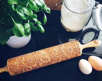 FLOWERS rolling pin, embossing rolling pin, engraved rolling pin by laser