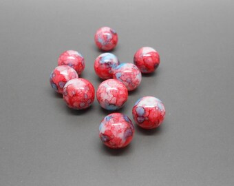 10 Red mottled 10 mm blue glass beads