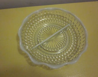 Vintage opalescent moonstone hobnail divided dish, candy dish, hobnail glass