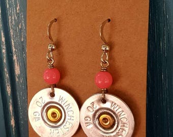 Shotgun shell earrings, pink shotgun shell earrings, bullet earrings, 20 gauge shotgun shell