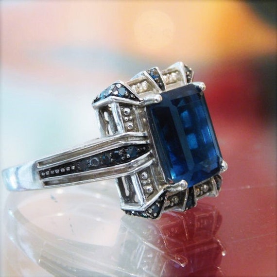 London Blue Topaz Ring / Blue Diamond / 4 CT Carat Emerald Cut / Sterling Silver / Unique Vintage Engagement