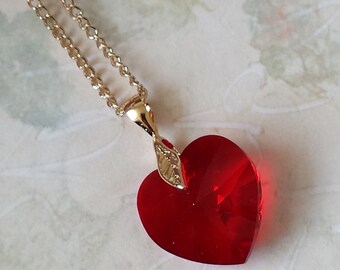 Red Crystal Heart Necklace Swarovski Heart Necklace Crystal Red Heart Necklace Valentines's Jewelry Red and Gold Heart Jewelry