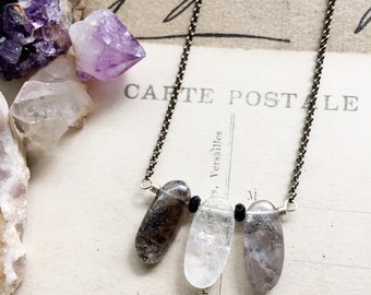 W a n d e r...Black tourmalinated quartz necklace, Onyx, boho, Third eye chakra, Capricorn, balance, sterling silver FREE SHIPPING