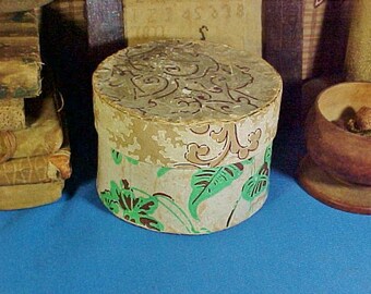 Antique Box, c 1830 Small Wallpaper Band Box, Top of Stack, Hand Stitched