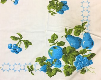 Vintage Tablecloth Aqua Turquoise Blue Fruit Cherries Mid-century