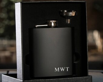 Laser Etched Flask -Personalized Black Hip Flask with Funnel - In Gift Box - Best Man Gift Wedding Party Gift - Groomsman Gift - Black Flask