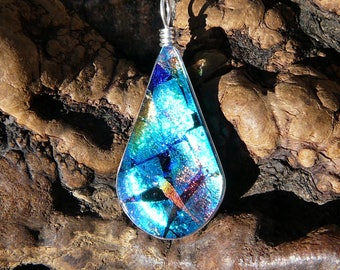 Blue Rainbow Dichroic Glass and Wire Wrapped Pendant ~ Artisan Made, Art Glass, Dichro, Fused Glass, 1.75 inch, Bright Blue, Iridescent, EDM