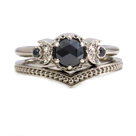 White Gold and Black Diamond Moon Ring Set - Millgrain Chevron Band - Gothic Engagement Rings