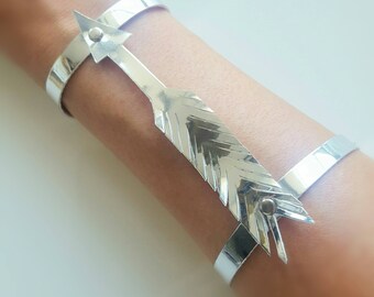 Faux Leather Silver Feather Bracelet