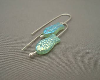 Light Green Fish Earrings. Czech Glass and Sterling Silver Ocean Earrings.