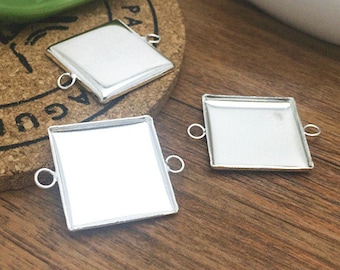 5pcs 20x20mm Silver Plated Brass Square Cameo Base Setting Charm Connector LB102-6