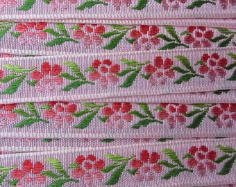 3 Yards Floral Jacquard Trim 1/2 Inch Wide Pink and Green VT 163