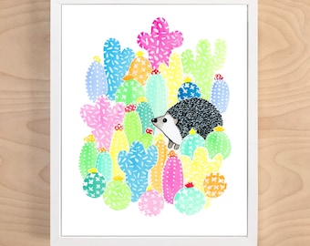 Hedgehog Print (hedgehog art - hedgehog gift - animal art - hedgehog painting - hedgehog cactus - cactus print - cactus art - cactus decor)