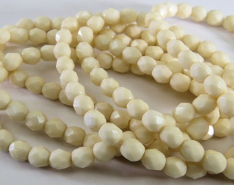 6MM Off White Ivory Beige Beads Opaque Round Faceted Fire Polished Premium Czech Glass 30 Beads NFP6RD001