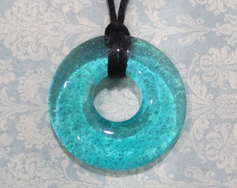 Aqua Blue Donut Pendant, Fused Glass Pendant, Transparent Blue Glass Necklace, Fused Glass Jewelry - Tropical Paradise -7