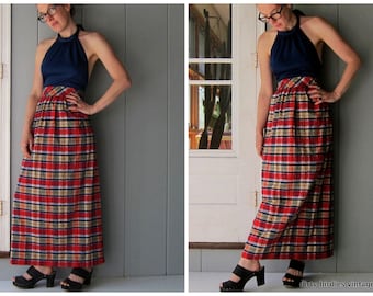 70s Halter Dress Colorful Blue Red Yellow Summer Backless Sun Dress Plaid Tartan Dress Strapless Neck Tie Dress Womens Small