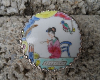 Vintage Chinese box - silver metal with painted porcelain top - 20th century Asian antique porcelain pot - Chinese polychrome porcelain