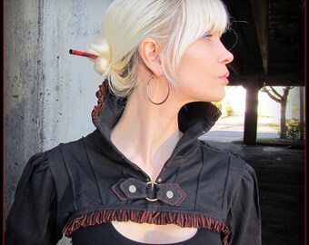 Steampunk cropped jacket w/ brass ~ shrug, bolero ~ Victorian Vampire Goth collar ~ Red stripe ruffles, black lace, brown, puffed sleeve