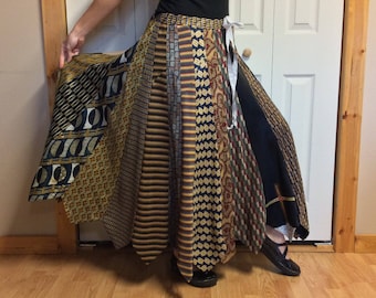 Autumn Gold NeckTie Skirt/Long Maxi Skirt/Silk Tie Skirt/Retro Boho Hippie Gypsy/Upcycled Recycled Repurposed/Womens One Size Sm-Med-Lrg